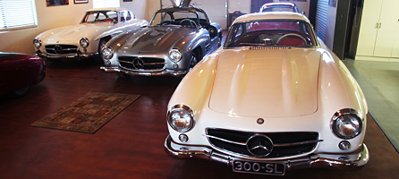 Showroom of Mercedes-Benz Gullwings and Roadsters on consignment at Scott Grundfor Co.